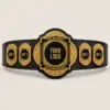 Prestige Emblem customizable championship belt template in Gold with a Black strap, showing banner, centre-logo and side-plate artwork placeholders.