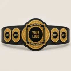 Prestige Emblem customizable championship belt template in Gold with a Black strap, showing banner, centre-logo and side-plate artwork placeholders.