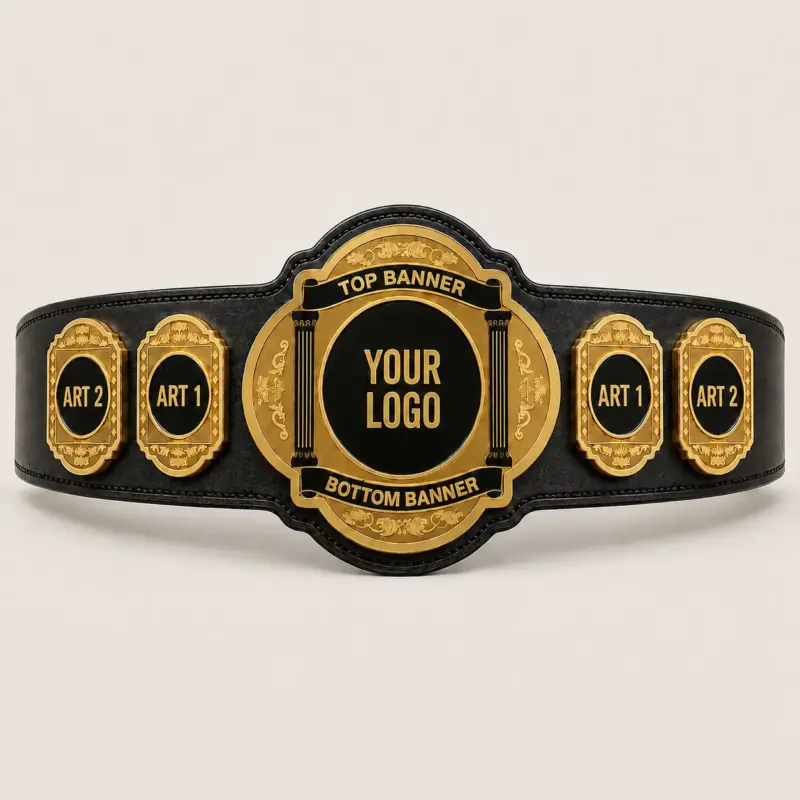 Prestige Emblem customizable championship belt template in Gold with a Black strap, showing banner, centre-logo and side-plate artwork placeholders.