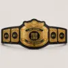 Crowned Wings customizable championship belt template in Gold with a Black strap, showing top and bottom banner, centre-logo and four side-plate artwork placeholders.