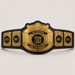 Crowned Wings customizable championship belt template in Gold with a Black strap, showing top and bottom banner, centre-logo and four side-plate artwork placeholders.