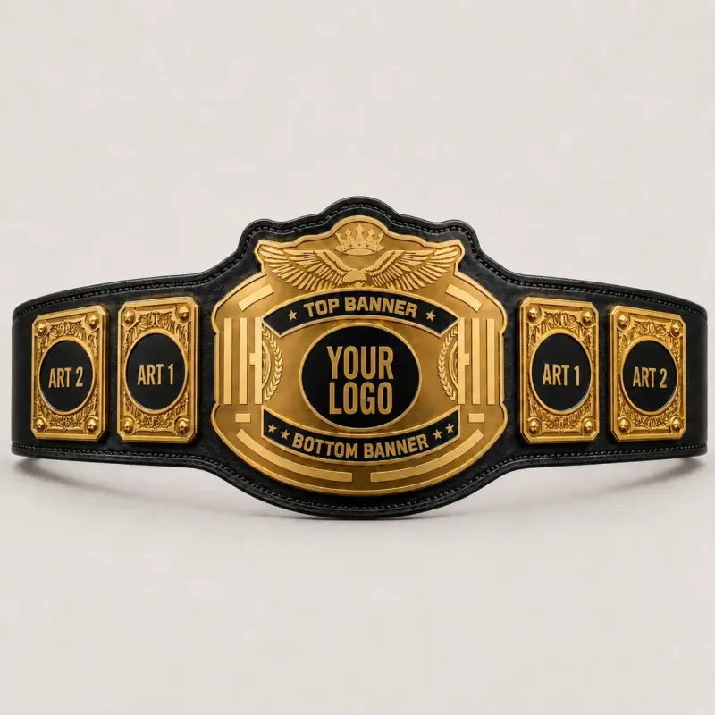 Crowned Wings customizable championship belt template in Gold with a Black strap, showing top and bottom banner, centre-logo and four side-plate artwork placeholders.