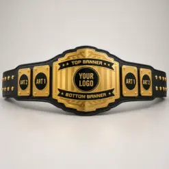 Desert Emblem customizable championship belt template in Gold with a Black strap, showing top and bottom banner, centre-logo and four side-plate artwork placeholders.