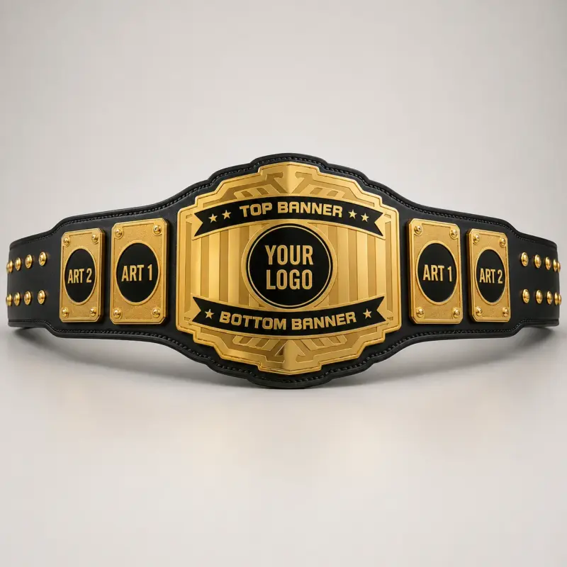 Desert Emblem customizable championship belt template in Gold with a Black strap, showing top and bottom banner, centre-logo and four side-plate artwork placeholders.