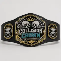 Crowned Rivals Wrestling Championship Belt front showcase with gold-and-black three-plate design, opposing skull artwork and black strap.