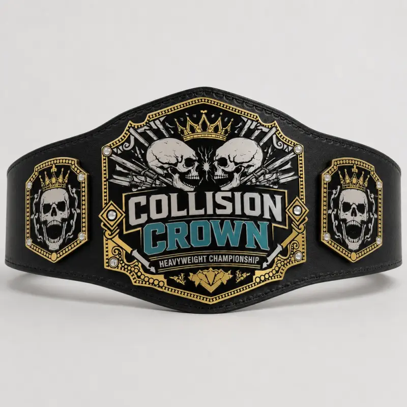 Crowned Rivals Wrestling Championship Belt front showcase with gold-and-black three-plate design, opposing skull artwork and black strap.