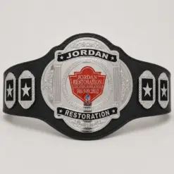 Ornate Star Wrestling Championship Belt front showcase with silver-toned five-plate design, black strap, red centre accents and star detailing.