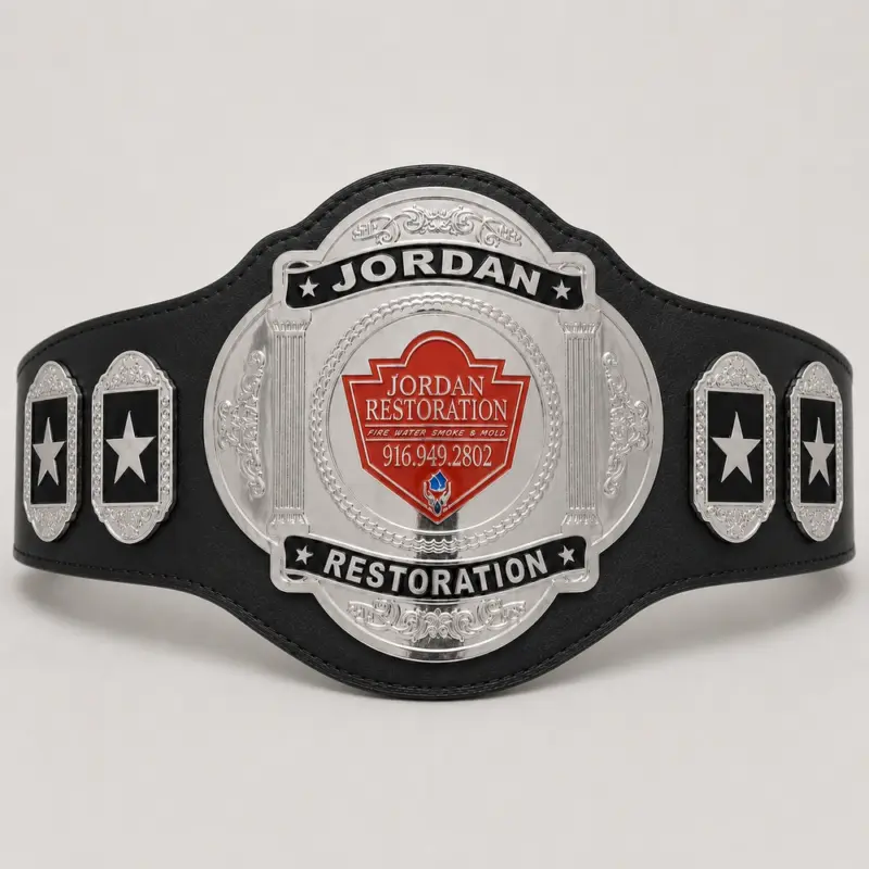 Ornate Star Wrestling Championship Belt front showcase with silver-toned five-plate design, black strap, red centre accents and star detailing.